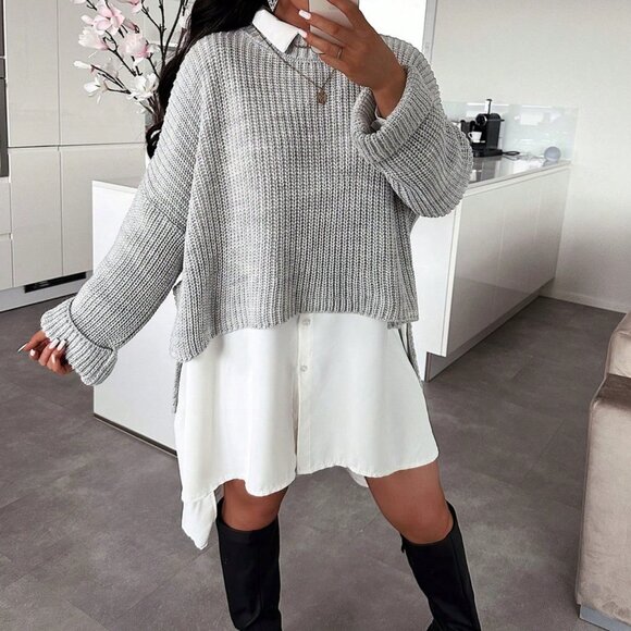 Grey Casual Women's Minimalist Long Split Sweater Top - Picture 2 of 9